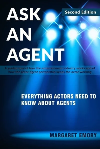 Book cover titled "Ask an Agent" by Margaret Emory, second edition, featuring a blue background with networked light spots and glowing lines, describing the entertainment industry's actor-agent relationship.