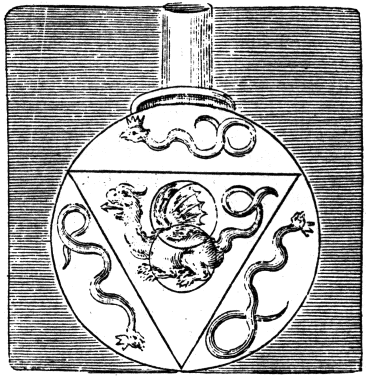 An alchemical illustration depicting a dragon, a lion, and a snake surrounding a central creature, all enclosed within a downward triangle and a circular border.