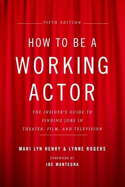 Book cover titled "How to Be a Working Actor" with red curtain background, authored by Mari Lyn Henry and Lynne Rogers.