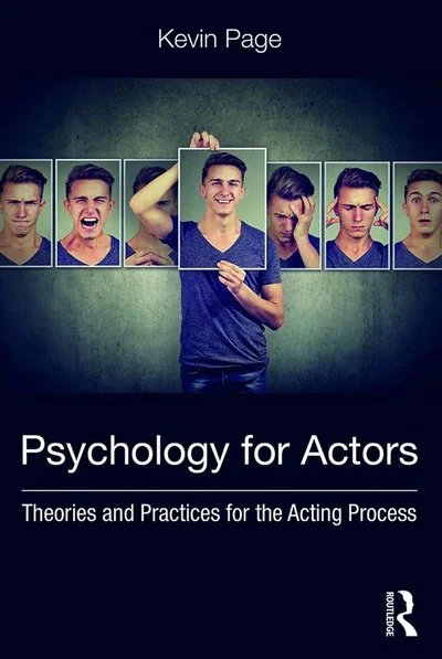 Book cover titled 'Psychology for Actors' by Kevin Page, featuring multiple images of a young man expressing different emotions, with a green background and a logo at the bottom right.