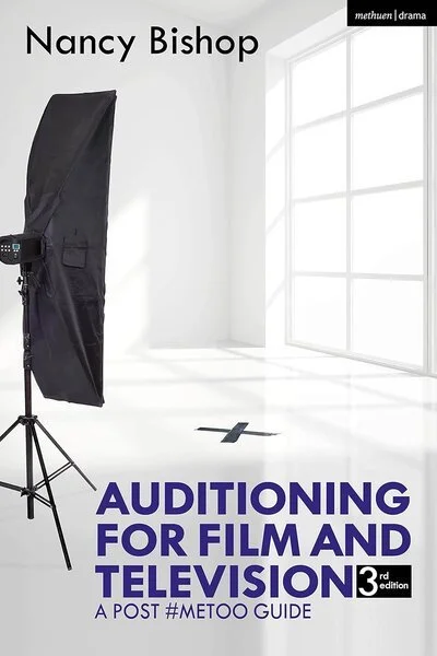 Cover of a book titled 'Auditioning for Film and Television' by Nancy Bishop, 3rd edition, with a minimalist white room, large window, and a photography studio light on a stand.