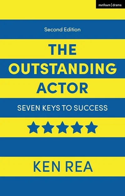 Book cover titled "The Outstanding Actor" by Ken Rea, second edition, featuring a yellow and blue striped background with seven blue stars.