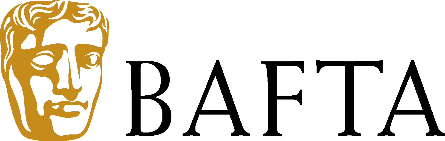 The image features the classic BAFTA mask logo in black, with a stylized golden face of a man to the left of the logo.