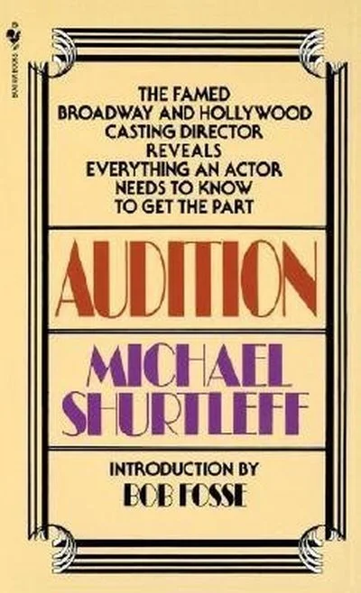 Book cover for 'Audition' by Michael Shurtleff, with introduction by Bob Fosse, featuring a beige background, black border, and text in black, red, purple, and black fonts.