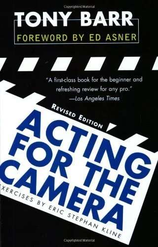 Cover of the book 'Acting for the Camera' by Tony Barr, featuring a black background, white and blue text, and a graphic element with white and black horizontal lines.