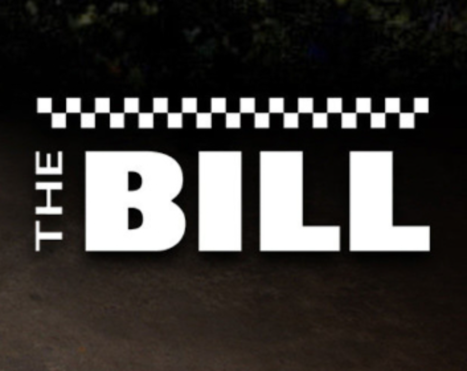 Mural with the text 'THE BILL' in large white letters, a horizontal checkered pattern above, on a dark background.