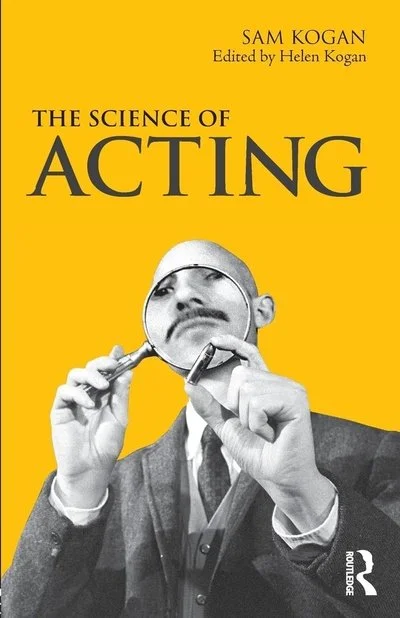 Book cover titled 'The Science of Acting' by Sam Kogan, edited by Helen Kogan. The cover features a black and white photo of a man in a suit holding a mirror to his face and a makeup brush.
