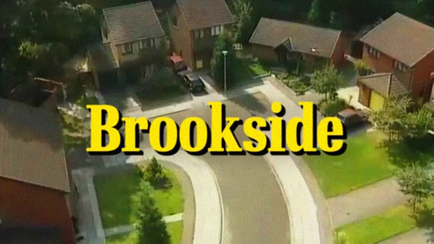 Aerial view of a suburban neighborhood with houses, cars, trees, and a curved street, with the word 'Brookside' in large yellow text overlaid.