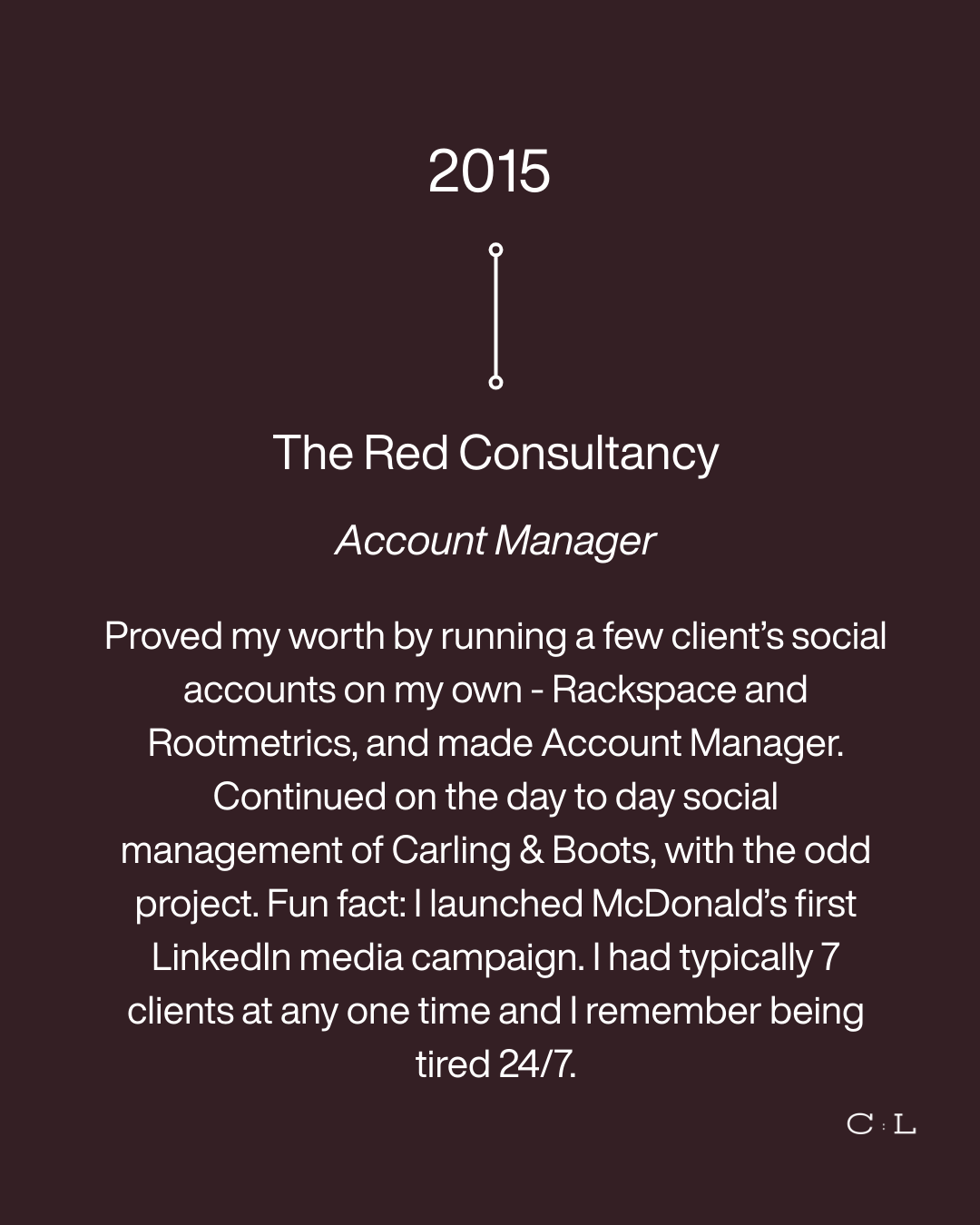 A testimonial plaque from 2015 for The Red Consultancy, describing the achievements of an Account Manager who managed social accounts and launched a McDonald's LinkedIn campaign.