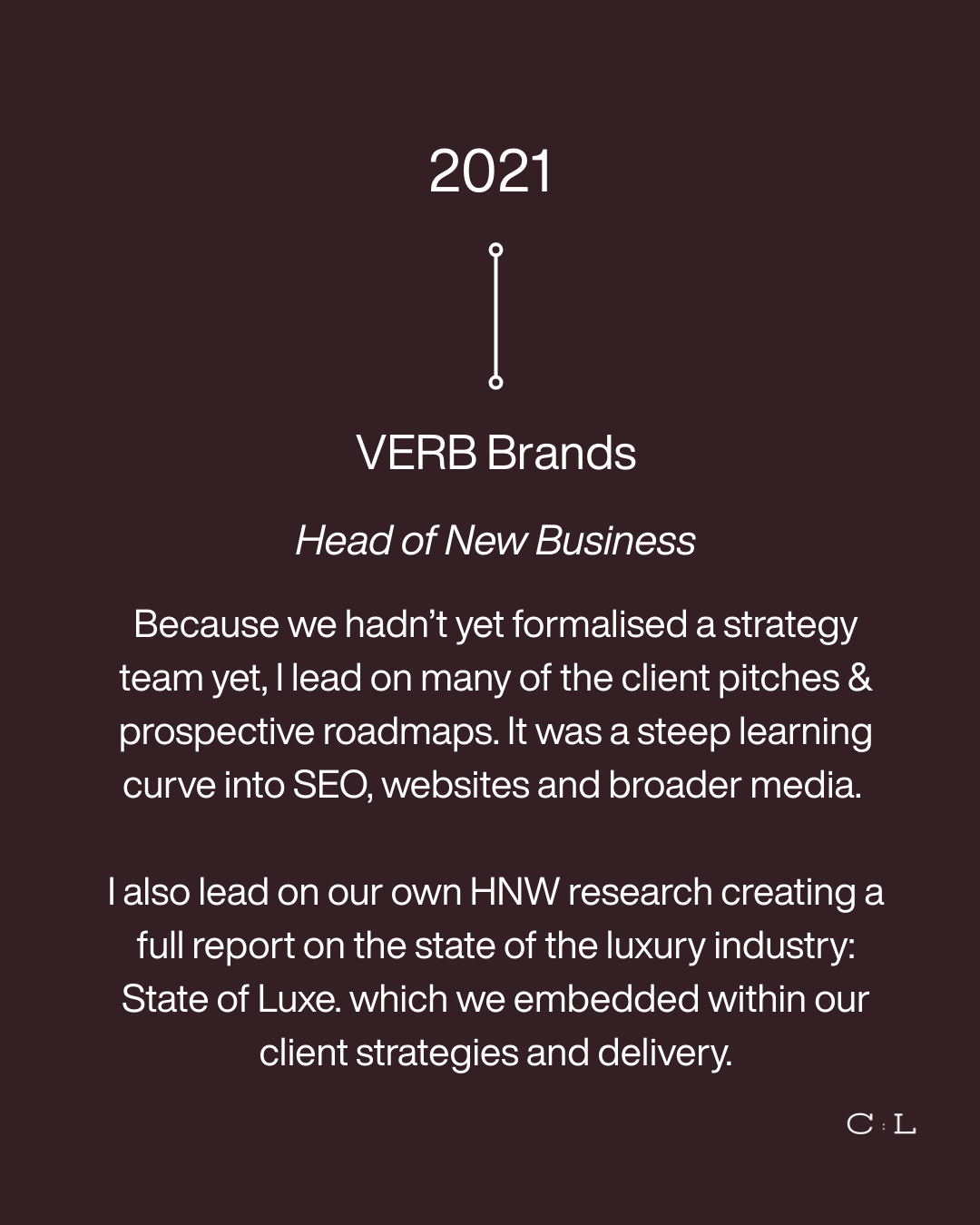 A dark-colored presentation slide showing the year 2021, with the title 'VERB Brands' and the subtitle 'Head of New Business.' The slide contains a paragraph of text detailing the company's strategy and research activities, ending with initials 'C : L.'