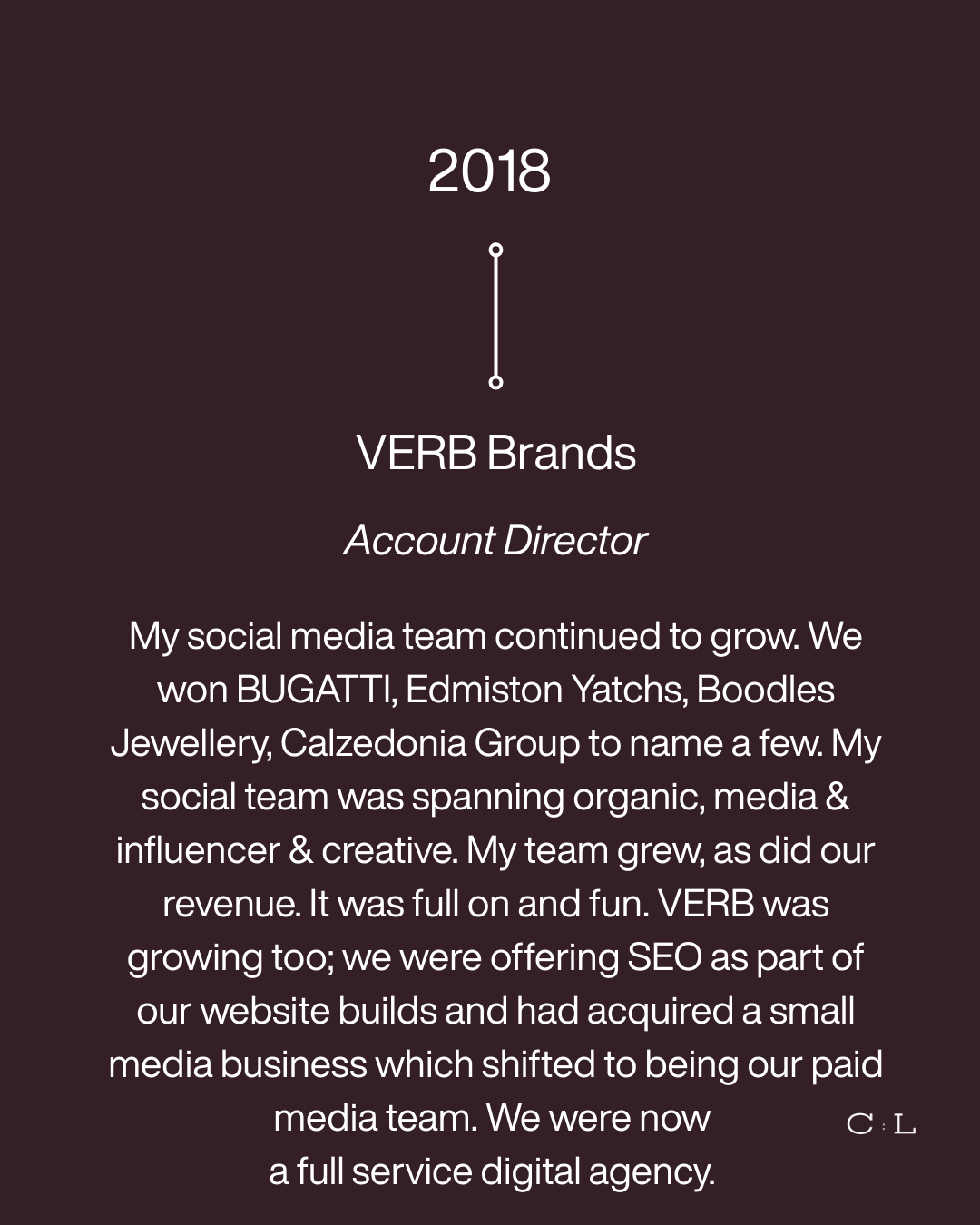 A timeline graphic from 2018 describing the growth of VERB Brands, highlighting social media success, client wins, and the transition to a full-service digital agency.