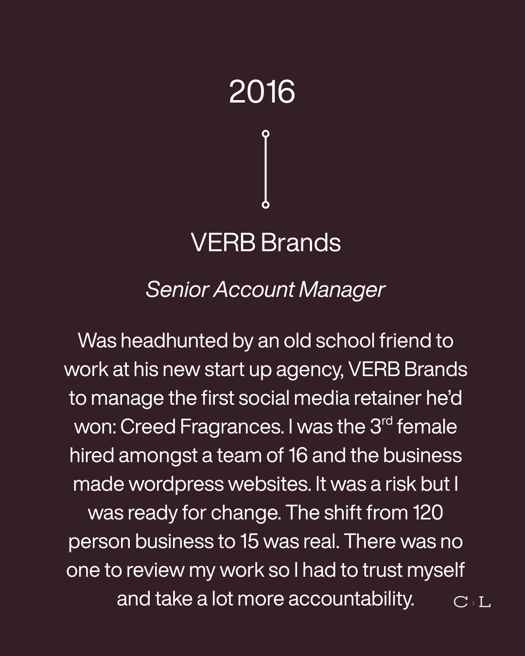 A digital graphic with a dark background featuring information about the 2016 VERB Brands story. It mentions a Senior Account Manager who was hired by an old school friend to manage their social media brand. The story highlights the transition from a large business to a smaller team, emphasizing trust and accountability.