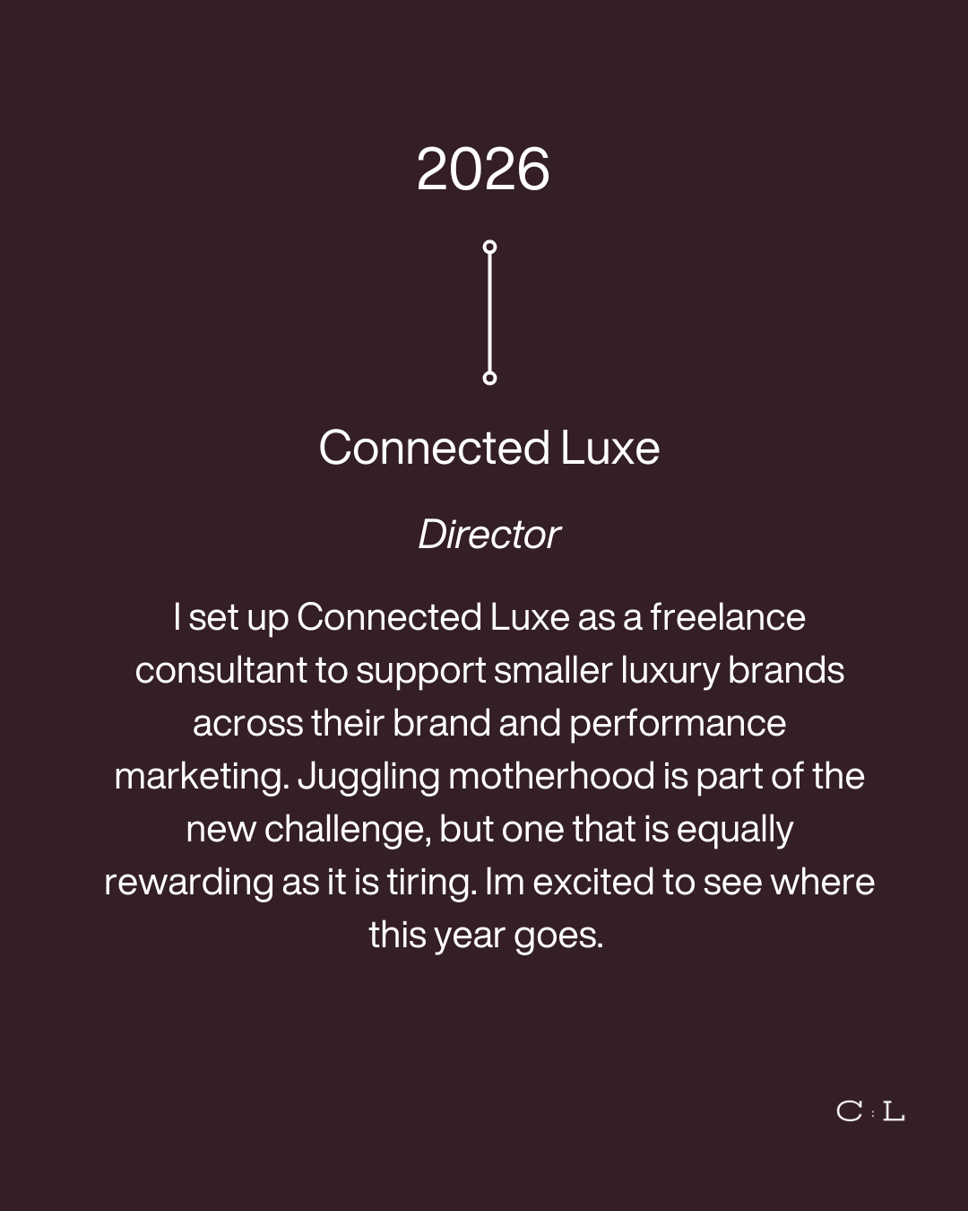 A digital graphic design with a dark background. It features the year '2026' at the top, a vertical line with circles at the top and bottom, the words 'Connected Luxe' in the middle, and a paragraph describing setting up Connected Luxe as a freelance consultant supporting smaller luxury brands. The bottom right corner has the initials 'C:L'.