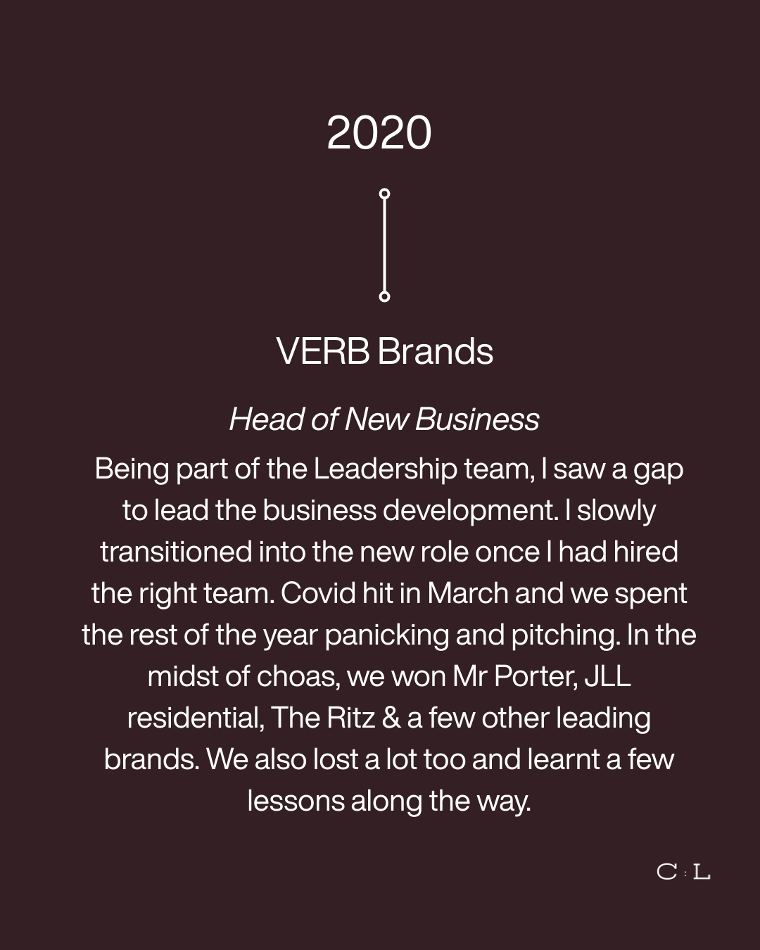 A dark brown background with white text describing a professional experience in 2020 at VERB Brands, where the person became Head of New Business, faced challenges during COVID-19, and learned valuable lessons.