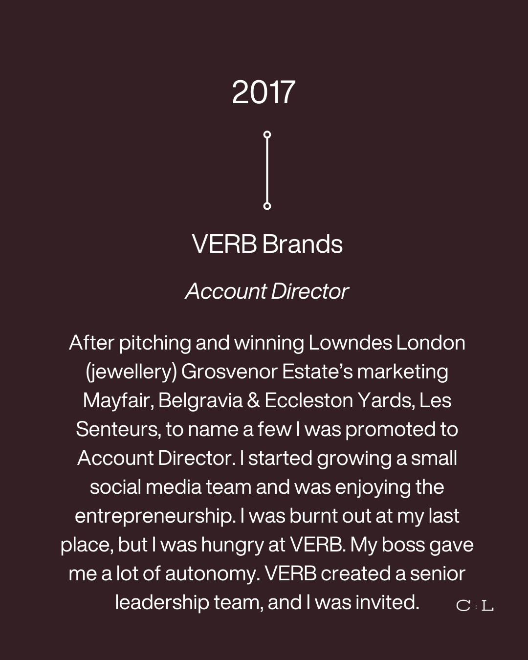 A timeline-style graphic with a dark background, highlighting the year 2017 and the promotion of an account director at VERB Brands. The text describes the person's career journey, including pitching London jewelry brands, starting a social media team, feeling burned out, and being invited to a senior leadership team.