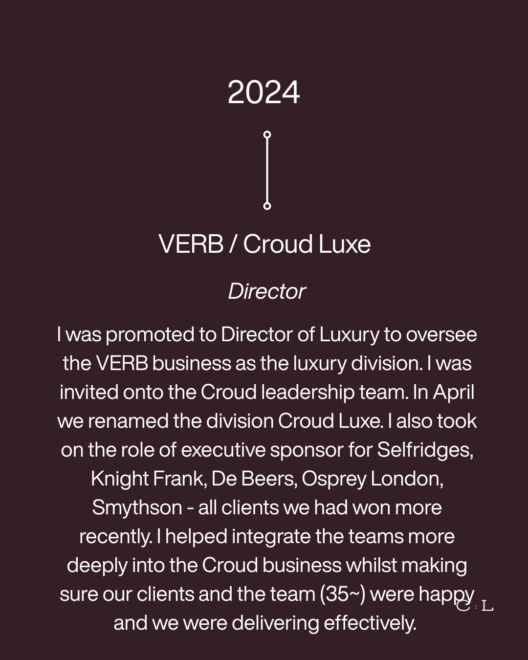 A timeline image for 2024 celebrating the promotion of a Director of Luxury at VERB / Croud Luxe, featuring a description of responsibilities and team integration efforts.
