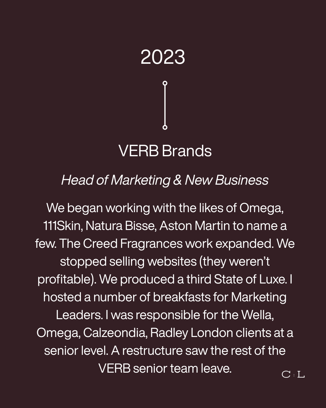 Text-based slide with a dark background showing the year 2023, titled 'VERB Brands', and a paragraph describing marketing activities, client work, and team restructuring details.