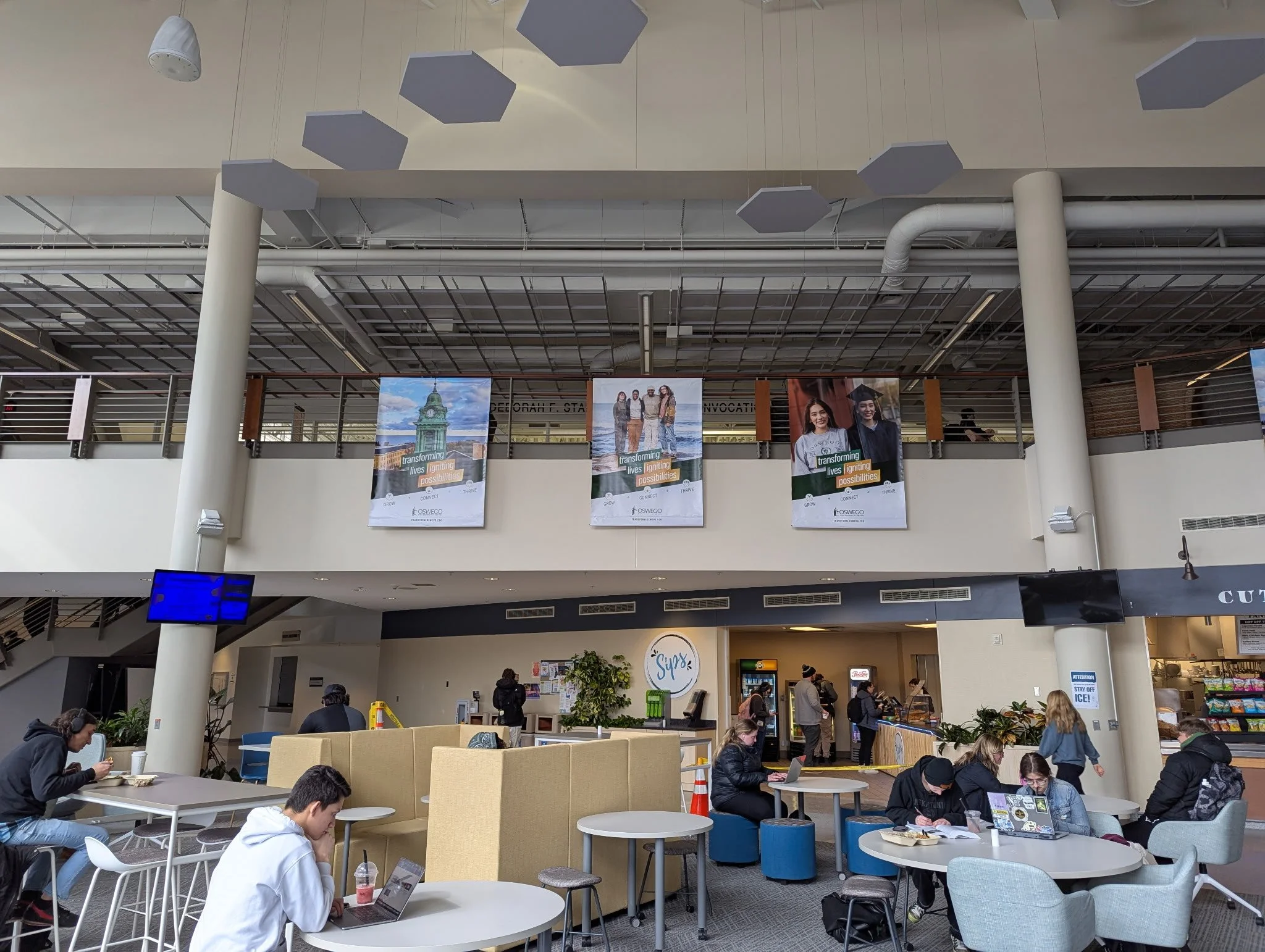 Strategic Plan banners placed in key locations across campus help raise visibility—shown here in the Marano Campus Center.