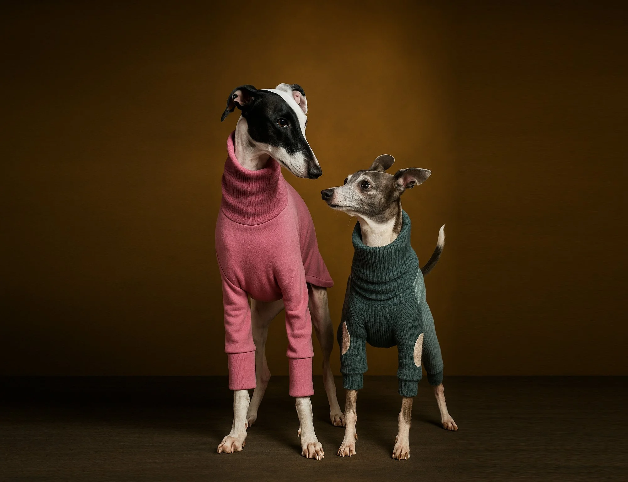Two dogs, one large and one small, dressed in sweater outfits, standing on a dark surface against a brown background, looking at each other.