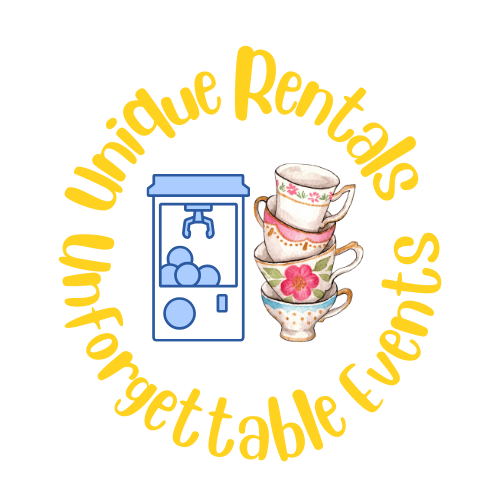 A bank deposit slot, four stacked decorative teacups with floral patterns, and a colorful burst background.