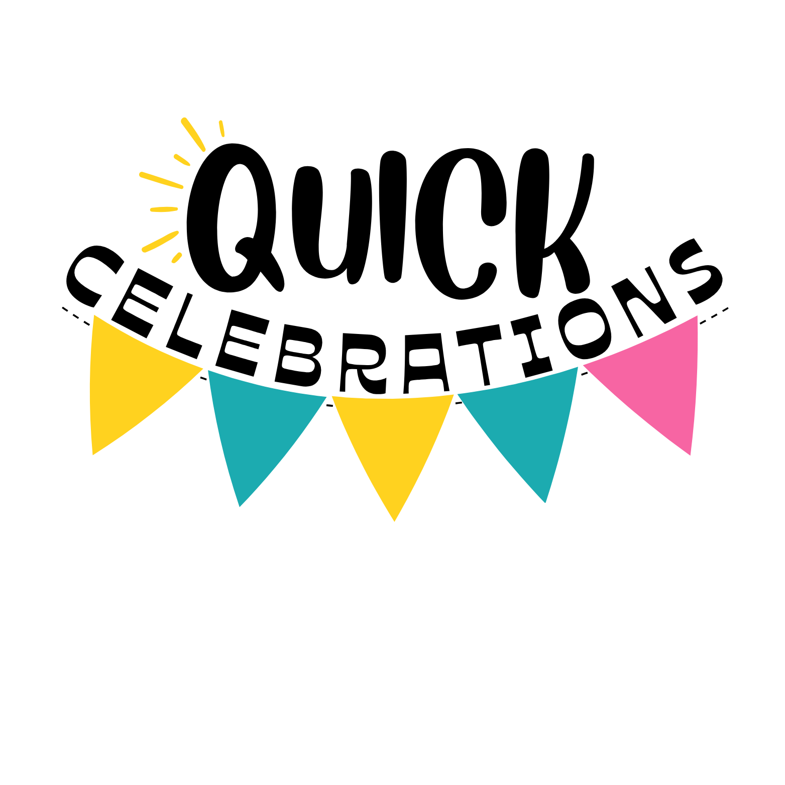 Colorful birthday banner with triangles in yellow, teal, and pink hanging on a black background.
