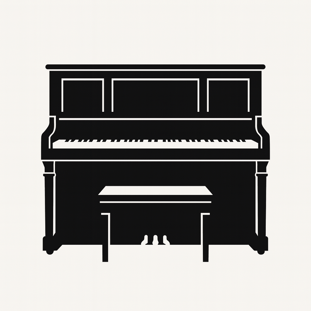 Silhouette of a piano with a bench in front of it.