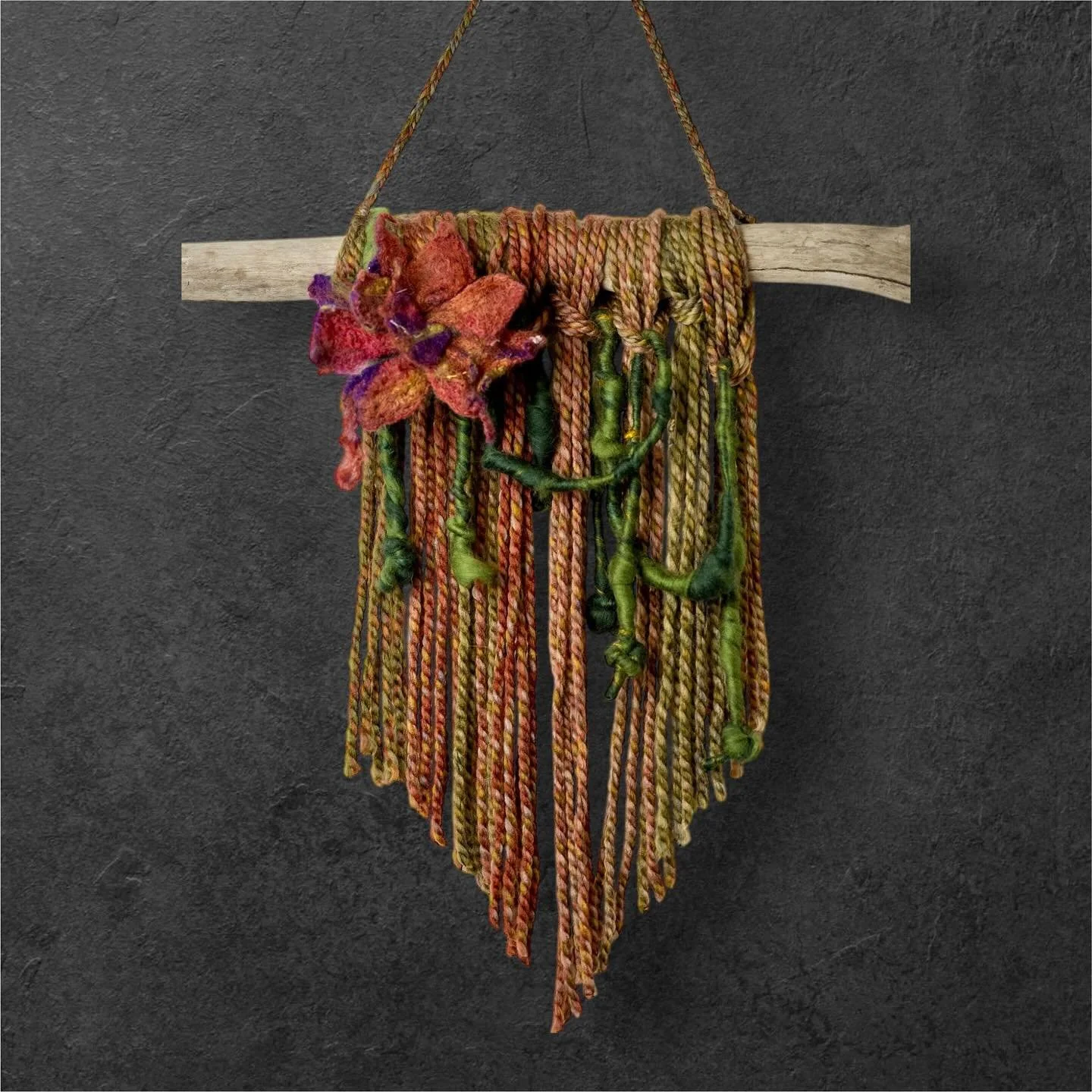 “Autumn” handmade wet-felted flowers, and hand dyed art yarn make up this inviting peice. It's like a pumpkin latte without all the haters 🍁🎃 (Sold)