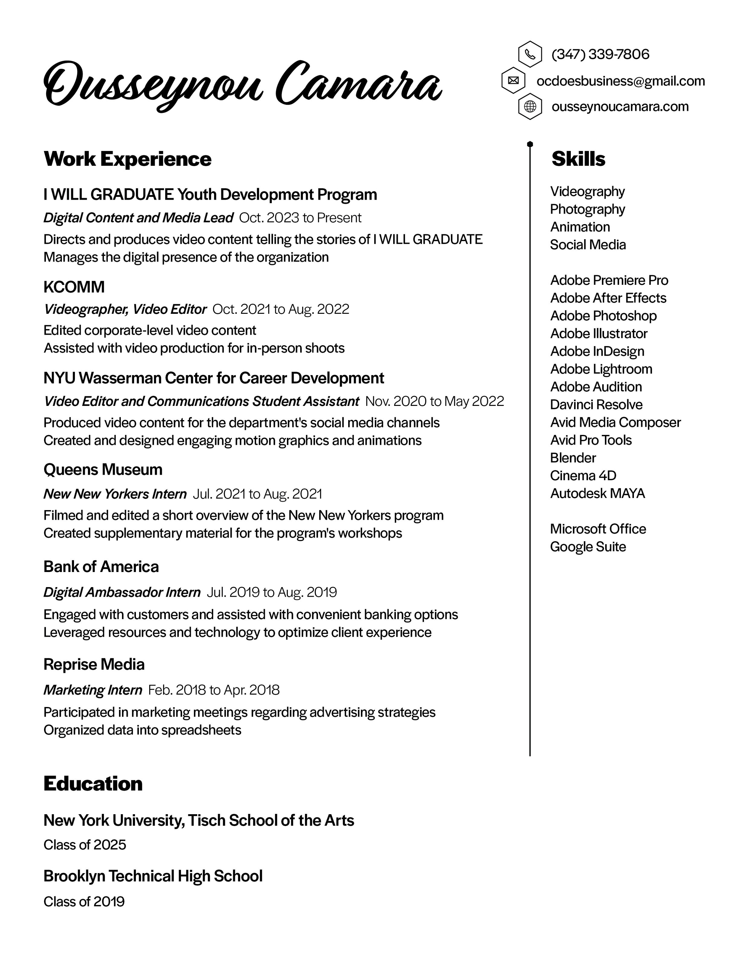 Image of a digital resume for Ousseynou Camara. The resume includes contact details, work experience, skills, and education, organized in sections with icons for phone, email, and website.