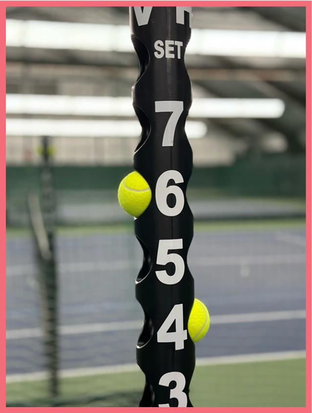 Tennis ball retention chain with two tennis balls attached, numbered from 1 to 10 for tennis training