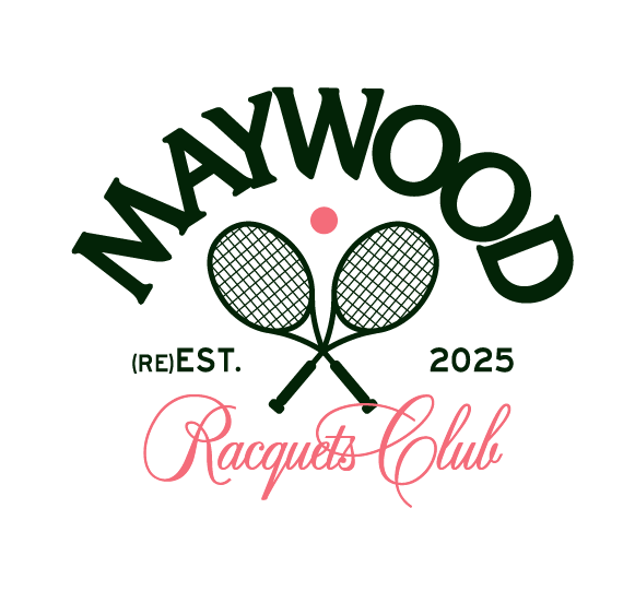 Logo for Maywood Racquets Club with two crossed tennis rackets, a pink tennis ball, and the text 'Maywood Racquets Club'.