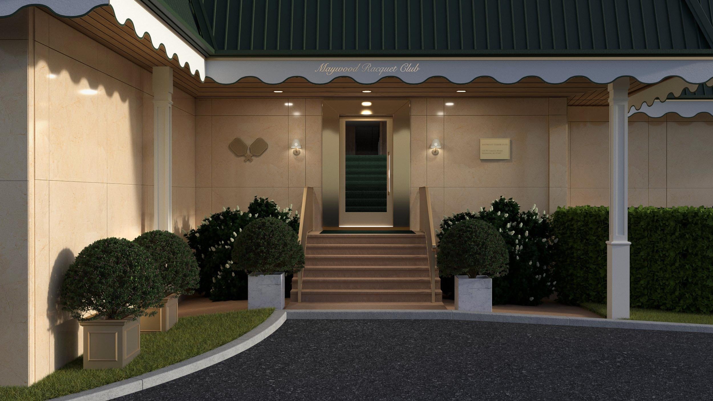 Entrance to Maywood Racquet Club with steps leading up to a door, surrounded by potted bushes and trimmed hedges, with a canopy overhead and wall-mounted light fixtures on either side of the door.
