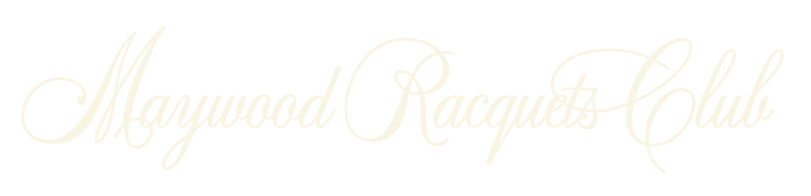 Stylized text reads 'Maywood Racquets Club' in cursive font on a black background.