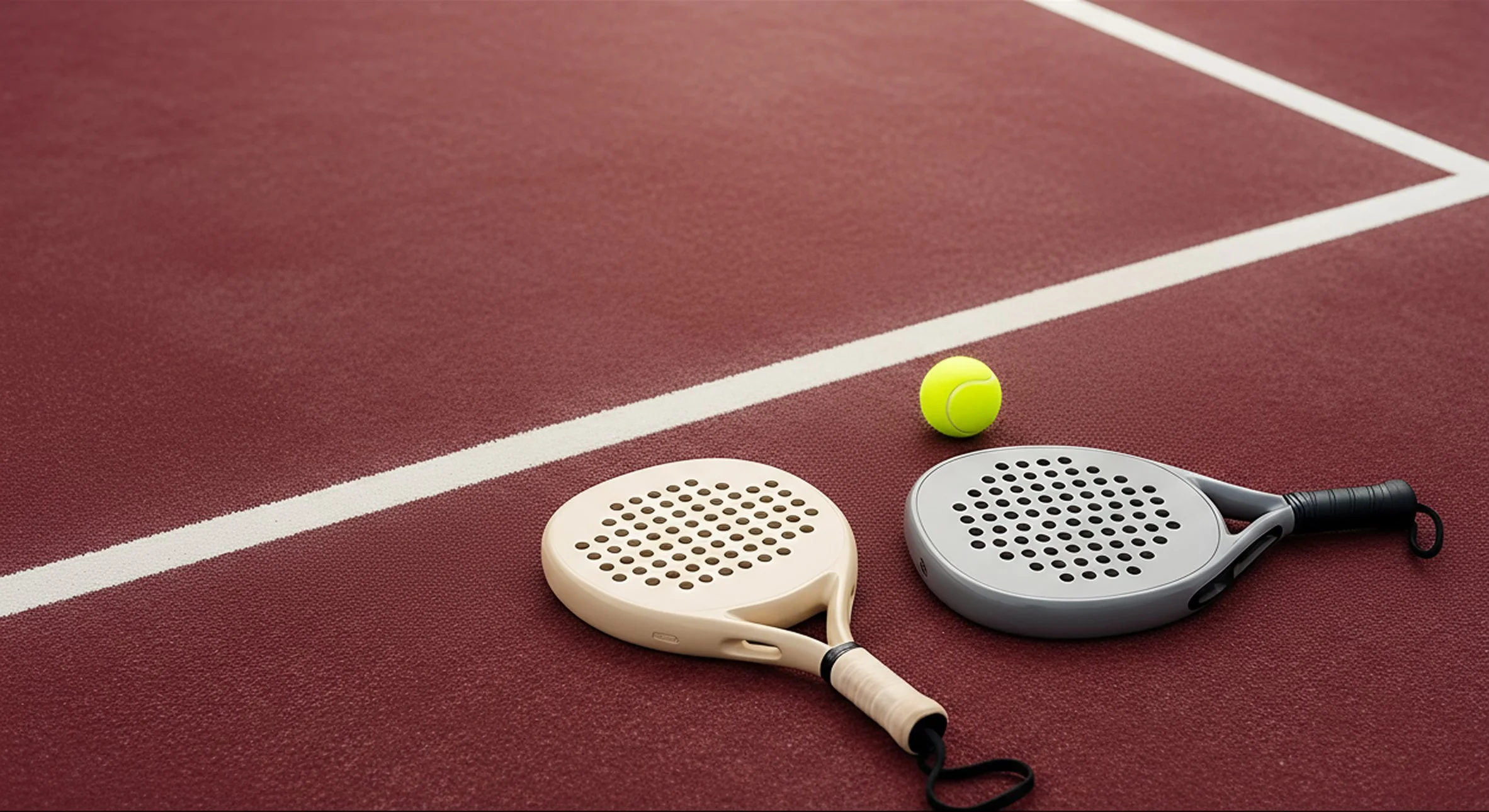 Tennis rackets, a tennis ball, and a court on a red textured surface.