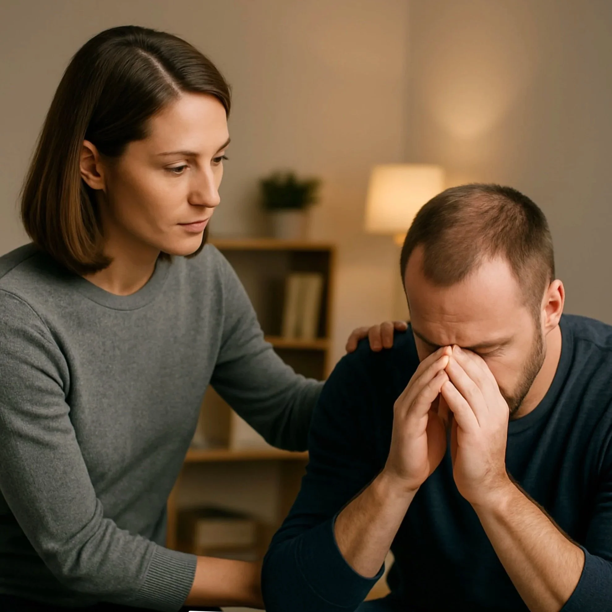 A woman consoles a man who appears distressed, sitting with his hands covering his face in a warmly lit room.