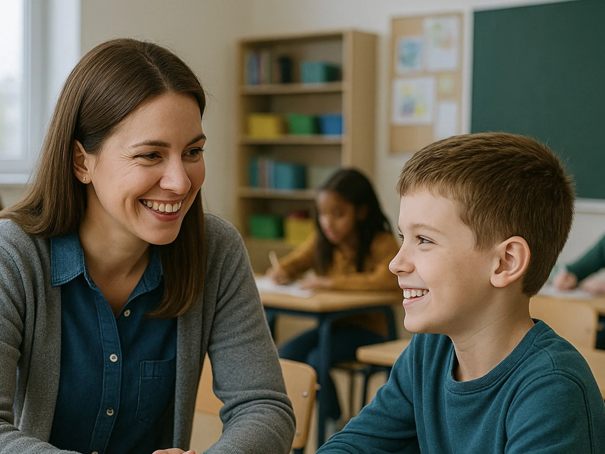 A teacher smiling and talking to a young student in a classroom with other students in the background.