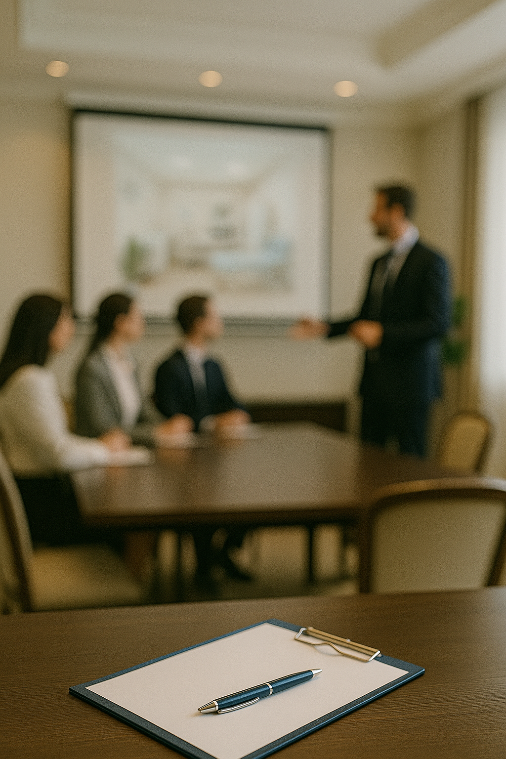 A business meeting in a conference room with a presenter at the front and a clipboard with a pen on the table in the foreground.