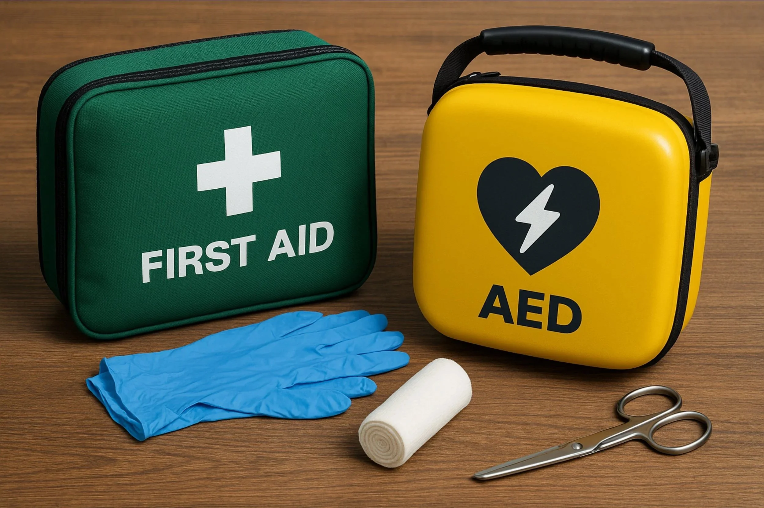 First aid kit with a green pouch labeled 'FIRST AID', a yellow AED case with a heart and lightning bolt symbol, a pair of blue gloves, a rolled gauze, and a pair of scissors on a wooden surface.