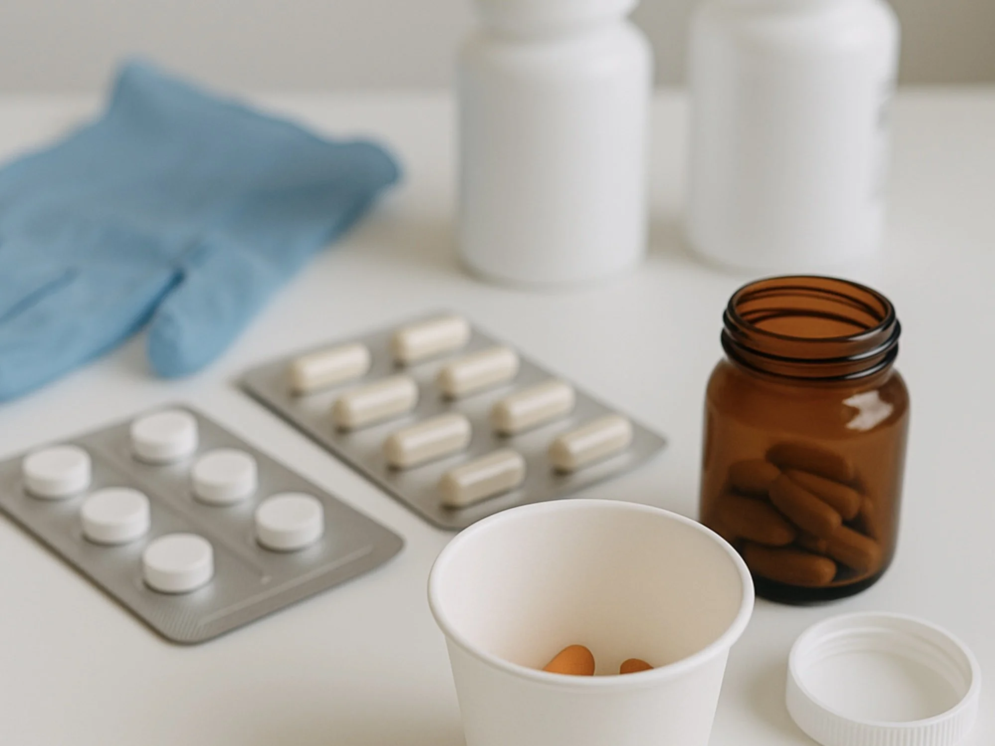 Various medication pills and capsules in blister packs, an open orange pill bottle with tablets inside, a paper cup with pills, white jars, and a blue glove on a white surface.