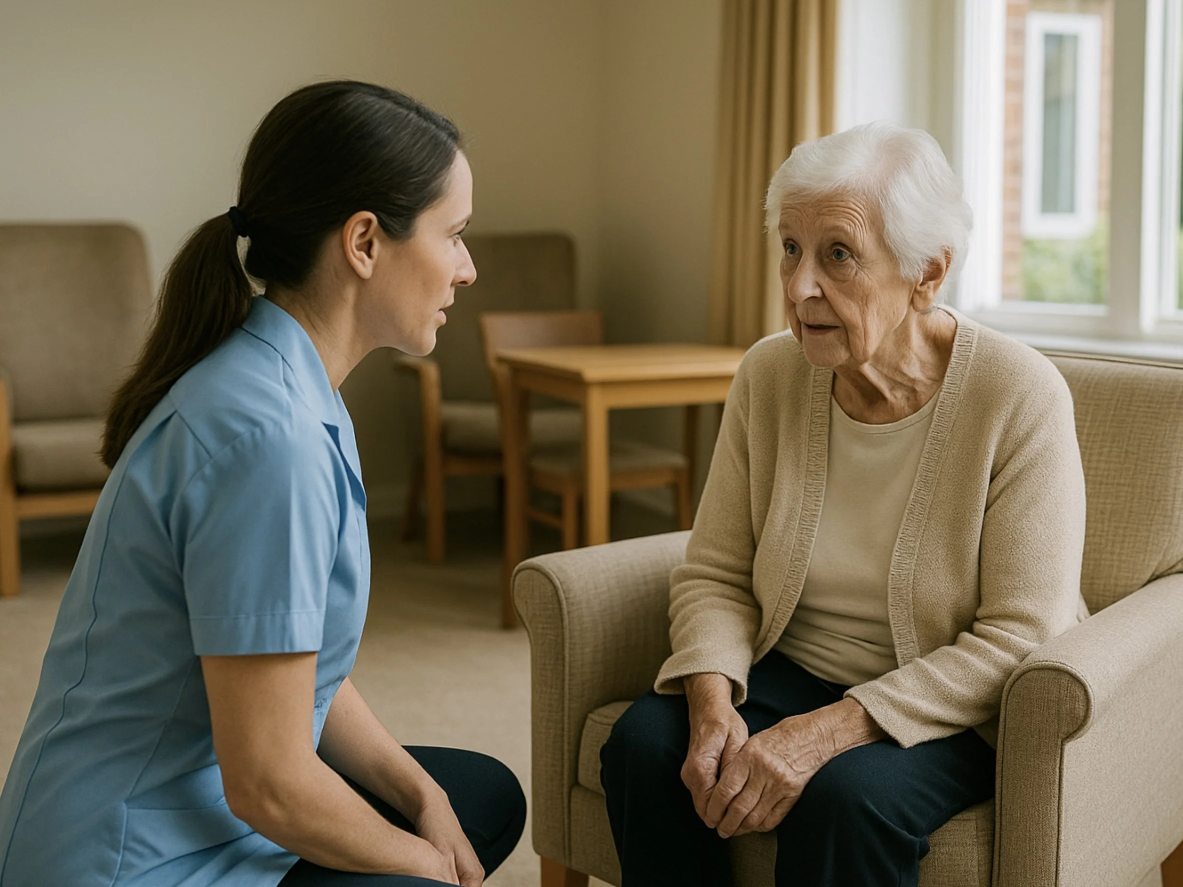 A female caregiver in a blue uniform talking to an elderly woman sitting in a beige armchair in a living room.