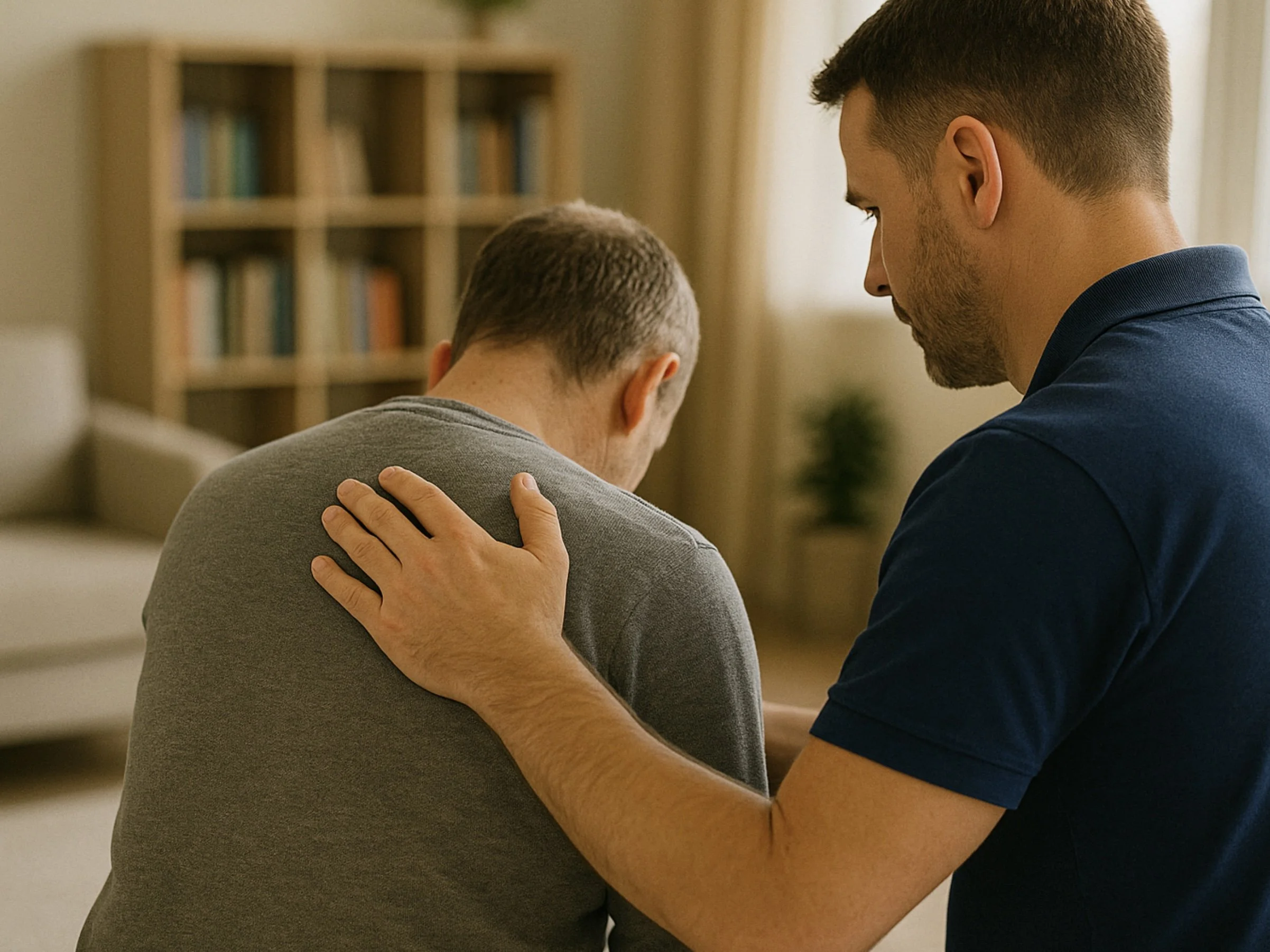 A man in a blue shirt comforting another person with his hand on their shoulder in a cozy living room.