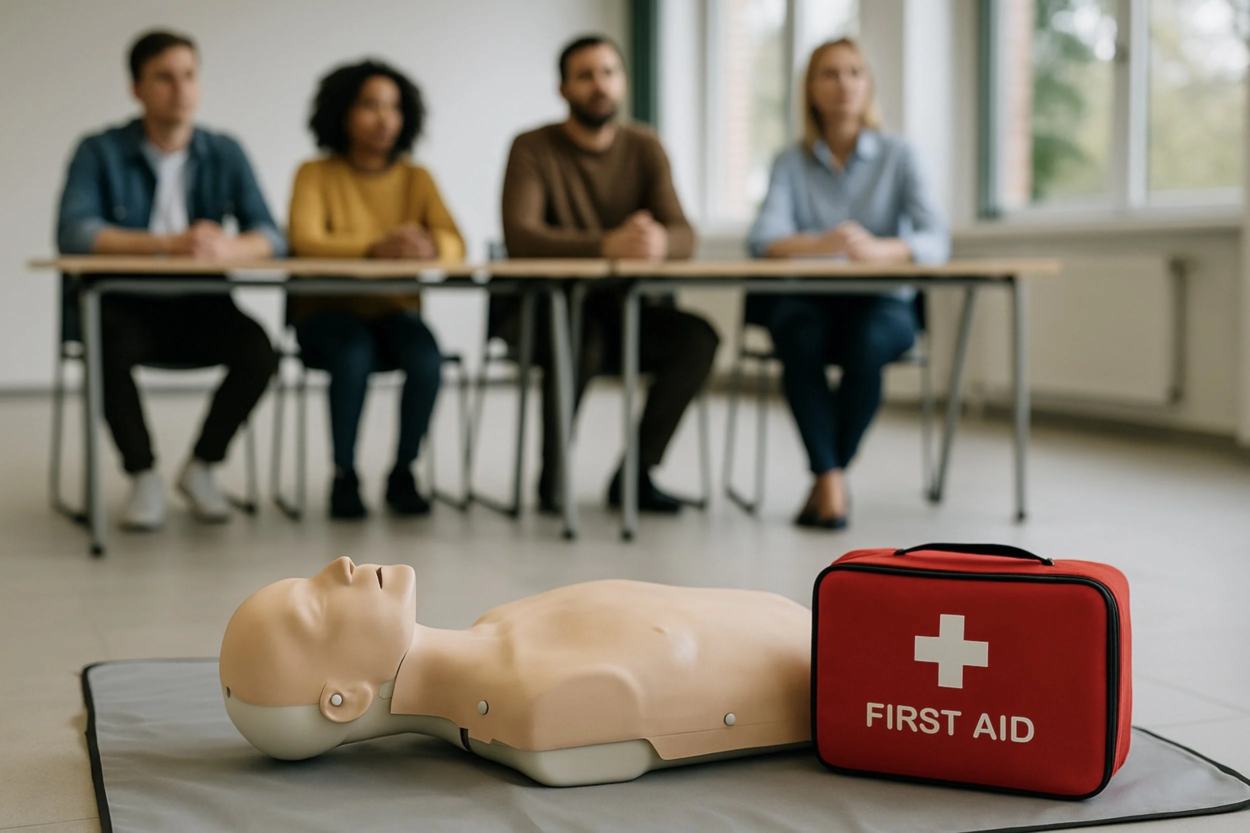 A CPR training mannequin and a red first aid kit with a white cross are on the floor in front of four people sitting at a table during a training session in a bright room.