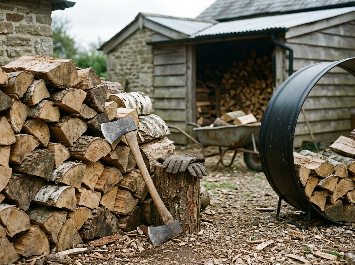 Bois de chauffage empilé à côté d'une cabane en bois, une hache posée sur un rondin, une paire de gants, un rocher, une brouette remplie de bois, et un cercle à feu.