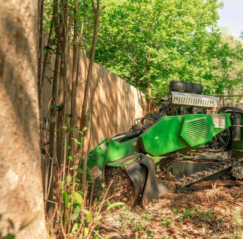 Green trencher machine digging near a wooden fence and trees in a yard.
