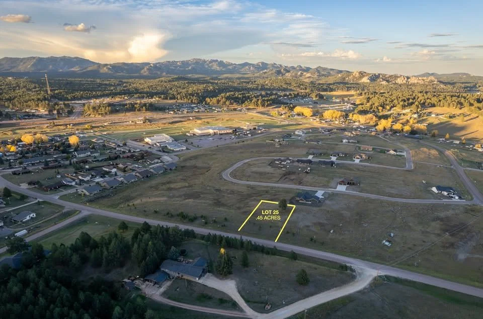 Aerial view of a subdivision with a highlighted lot labeled 'LOT 25 45 ACRES', surrounded by roads, houses, and open land, with mountains in the background under a partly cloudy sky.