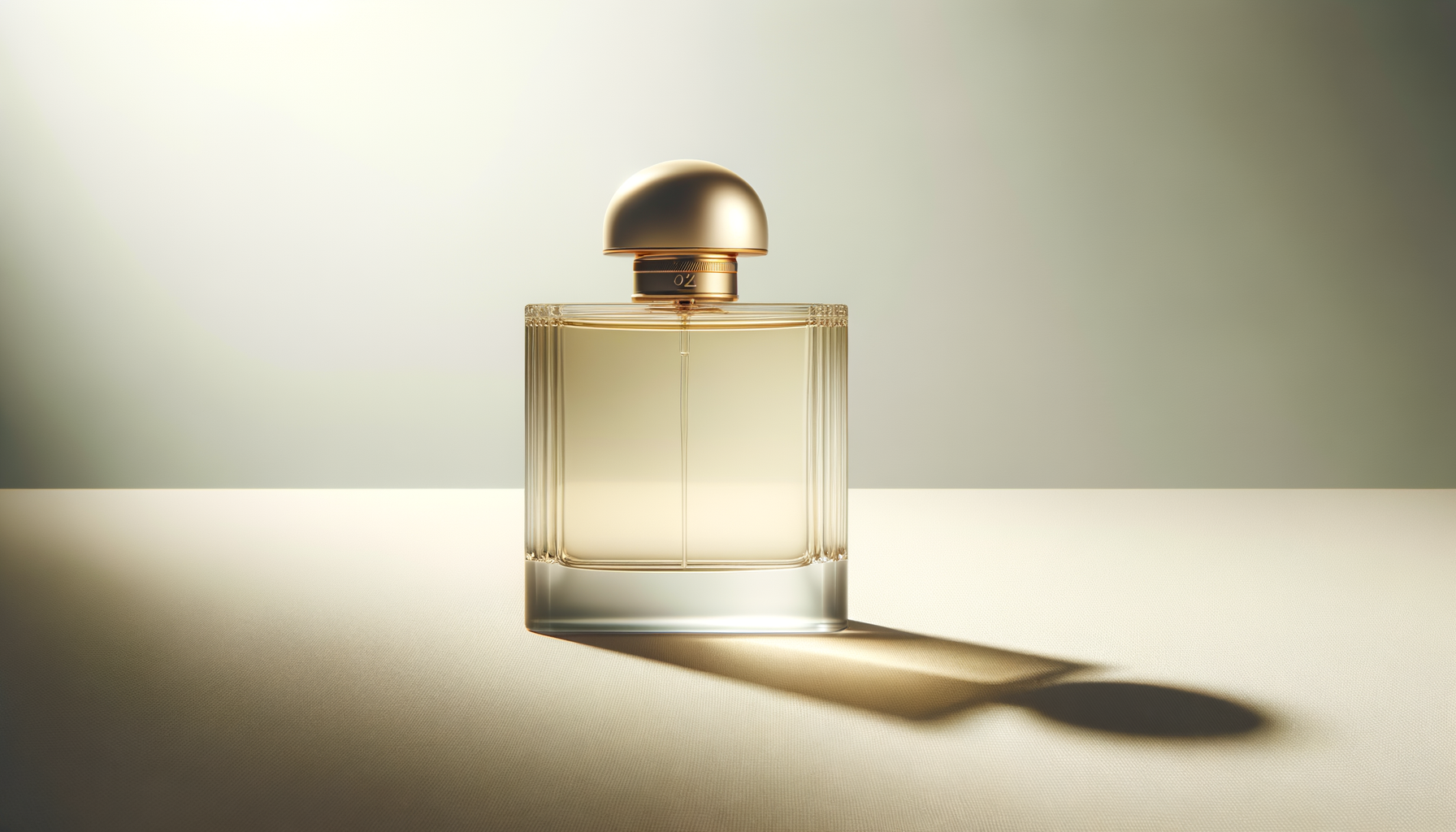 A modern, clear glass perfume bottle with a gold cap, casting a shadow on a beige surface with a soft gradient background.