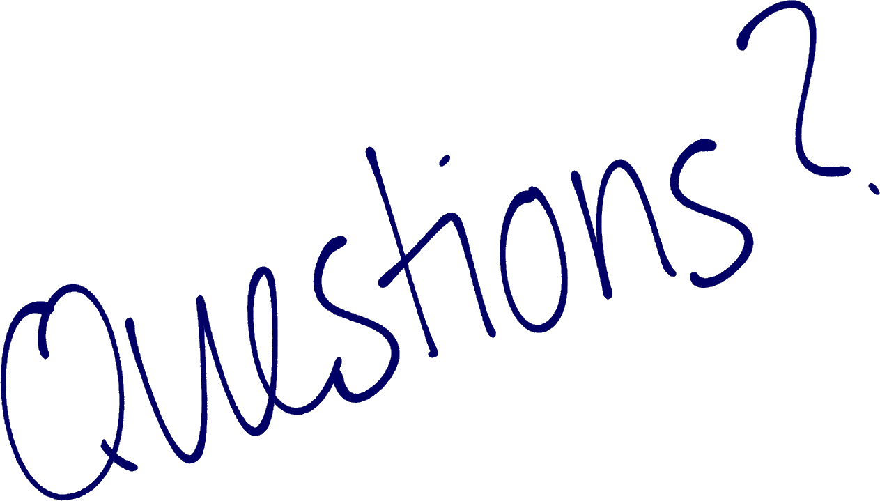 A handwritten question mark and the words 'Questions?' written in blue cursive on a white background.