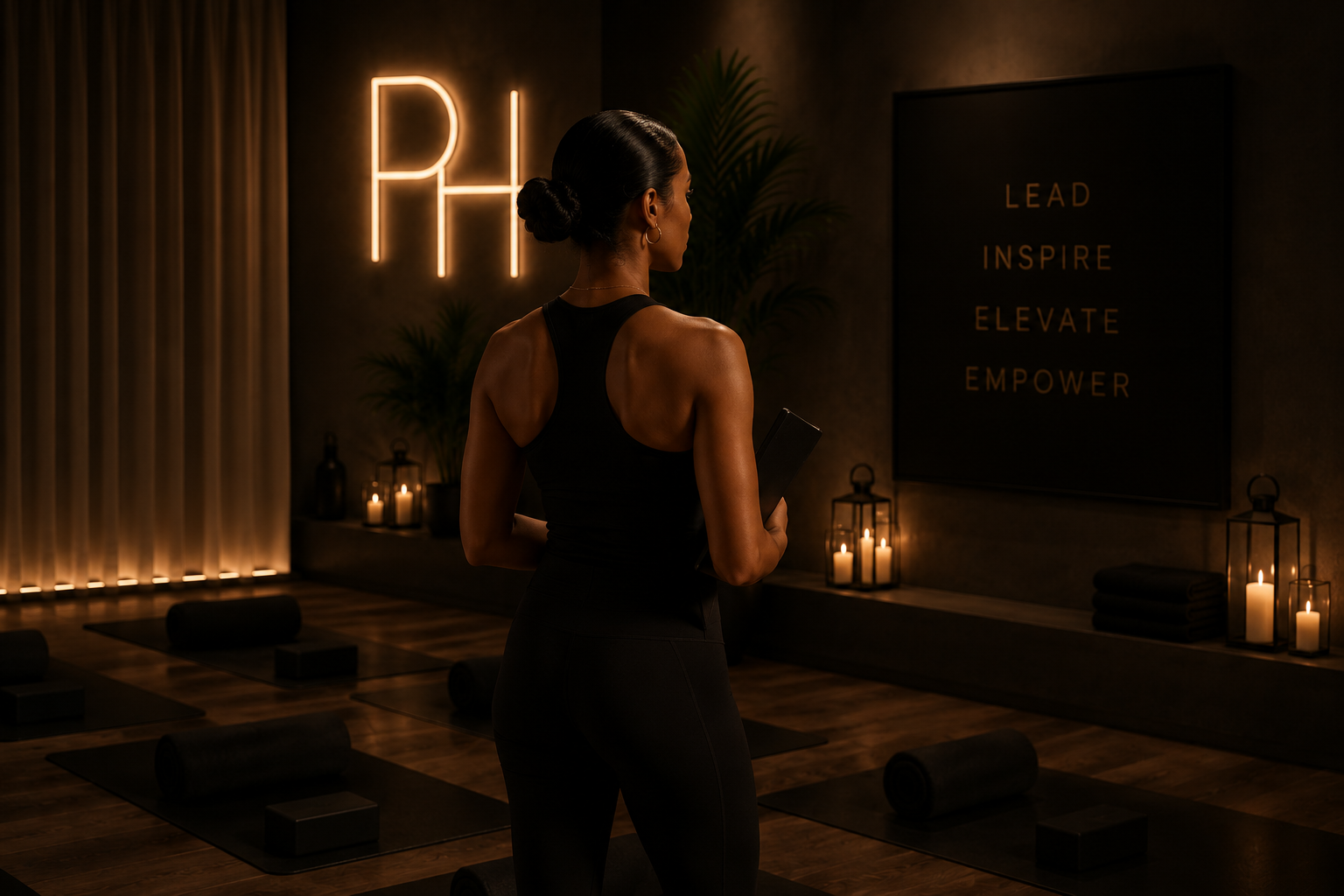 A woman in black workout clothes holding a tablet inside a dimly lit yoga studio with candles, plants, a motivational poster, and a glowing sign that says 'PH'.