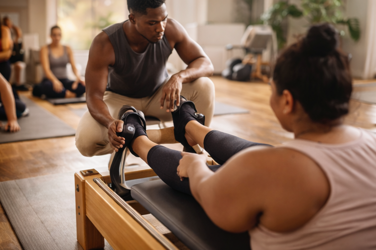 A woman doing Pilates on a reformer machine while a man helps her, with other people exercising in the background.