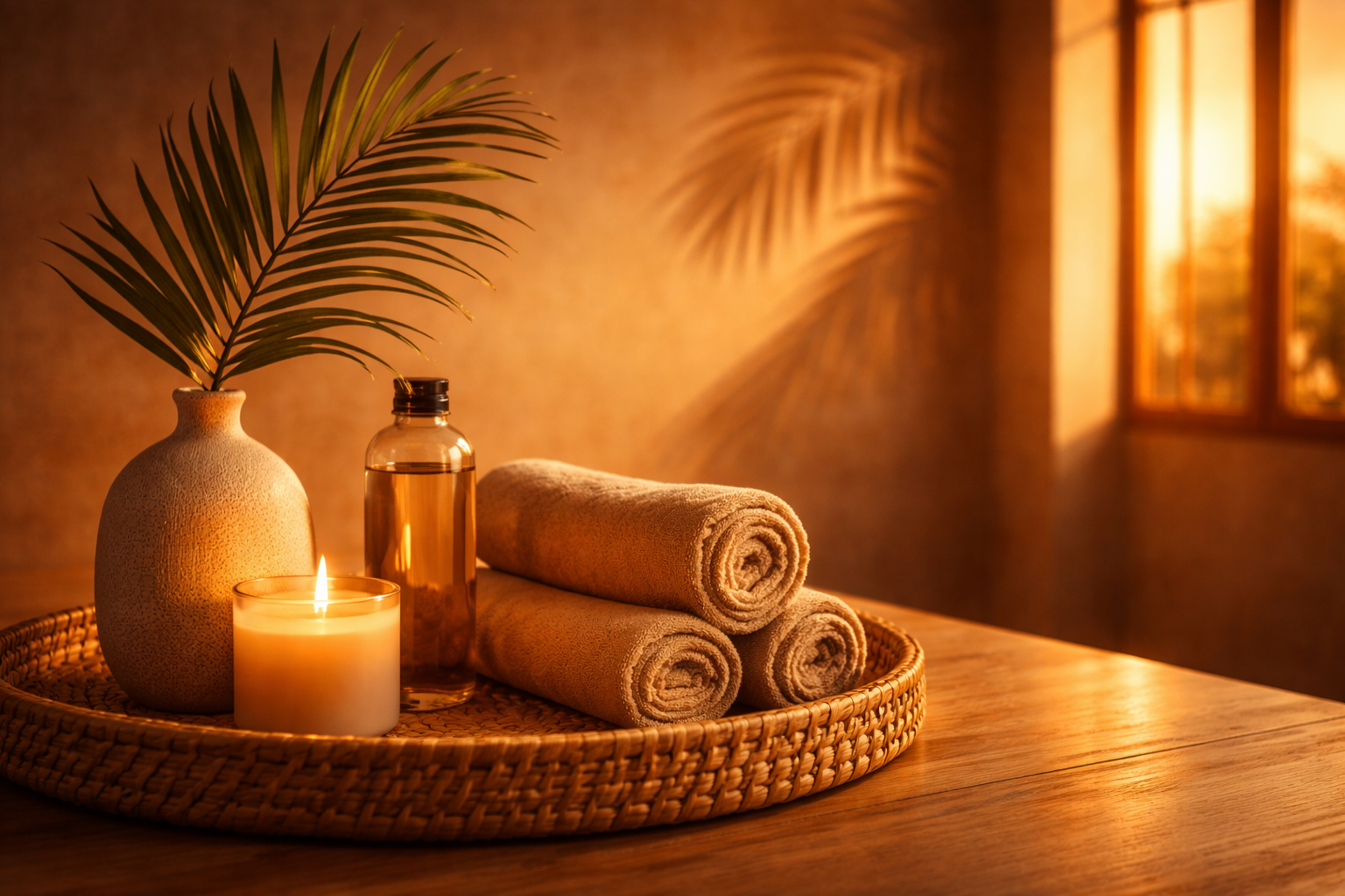Aesthetic Pilates setting with rolled towels, a lit candle, a bottle of oil, and a decorative vase with a palm leaf on a woven tray, illuminated by warm lighting