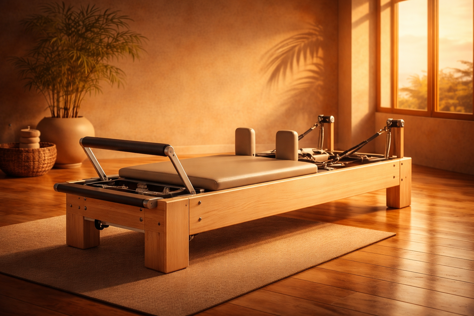 A Pilates reformer machine in a peaceful, sunlit yoga room with wooden floors and large windows.